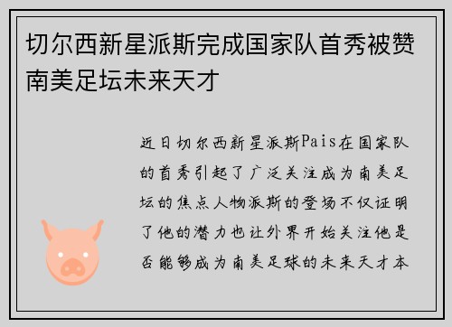 切尔西新星派斯完成国家队首秀被赞南美足坛未来天才